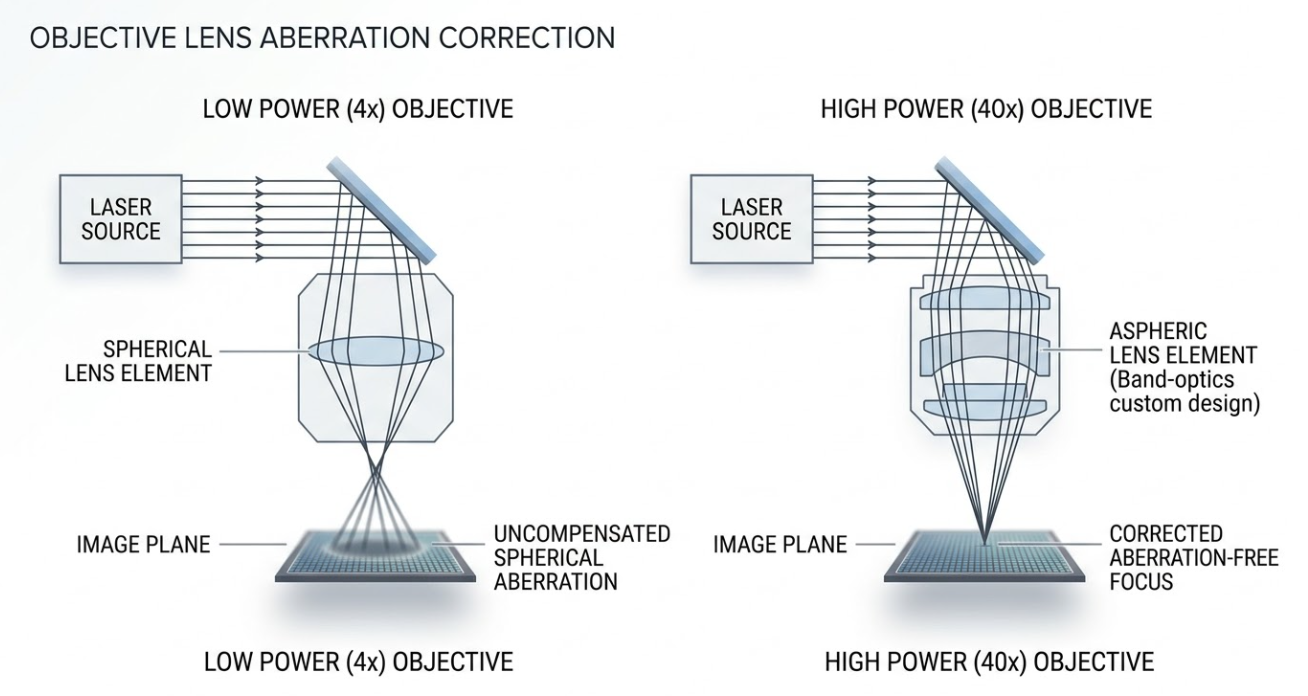 Microscope Aberration Correction vs. Objective Power Microscope objective aberration correction low vs high power aspheric lens assembly diagram.