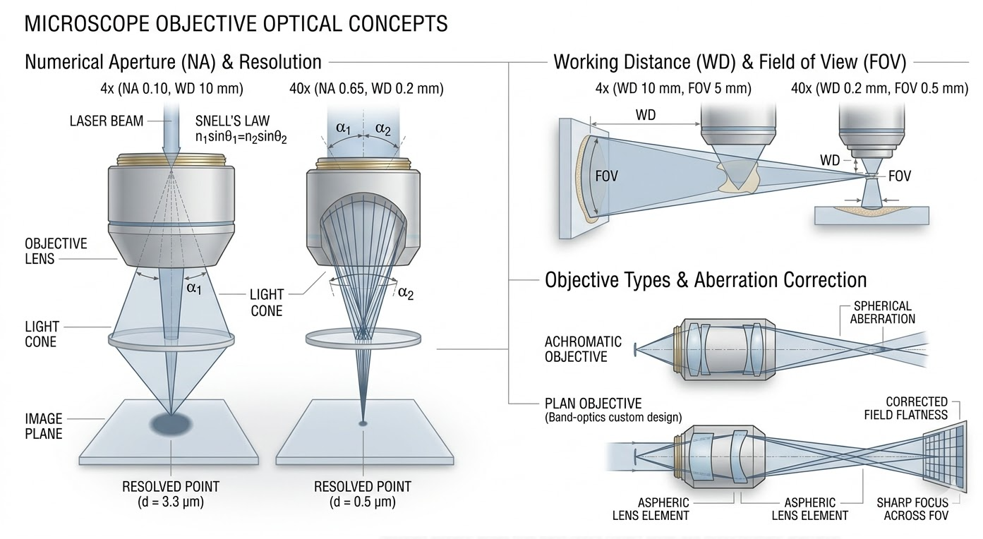 High-Resolution NA vs. Low-Resolution Aberration Correction in Microscopy Numerical aperture NA vs resolution d vs working distance WD microscope objective lens assembly diagram.