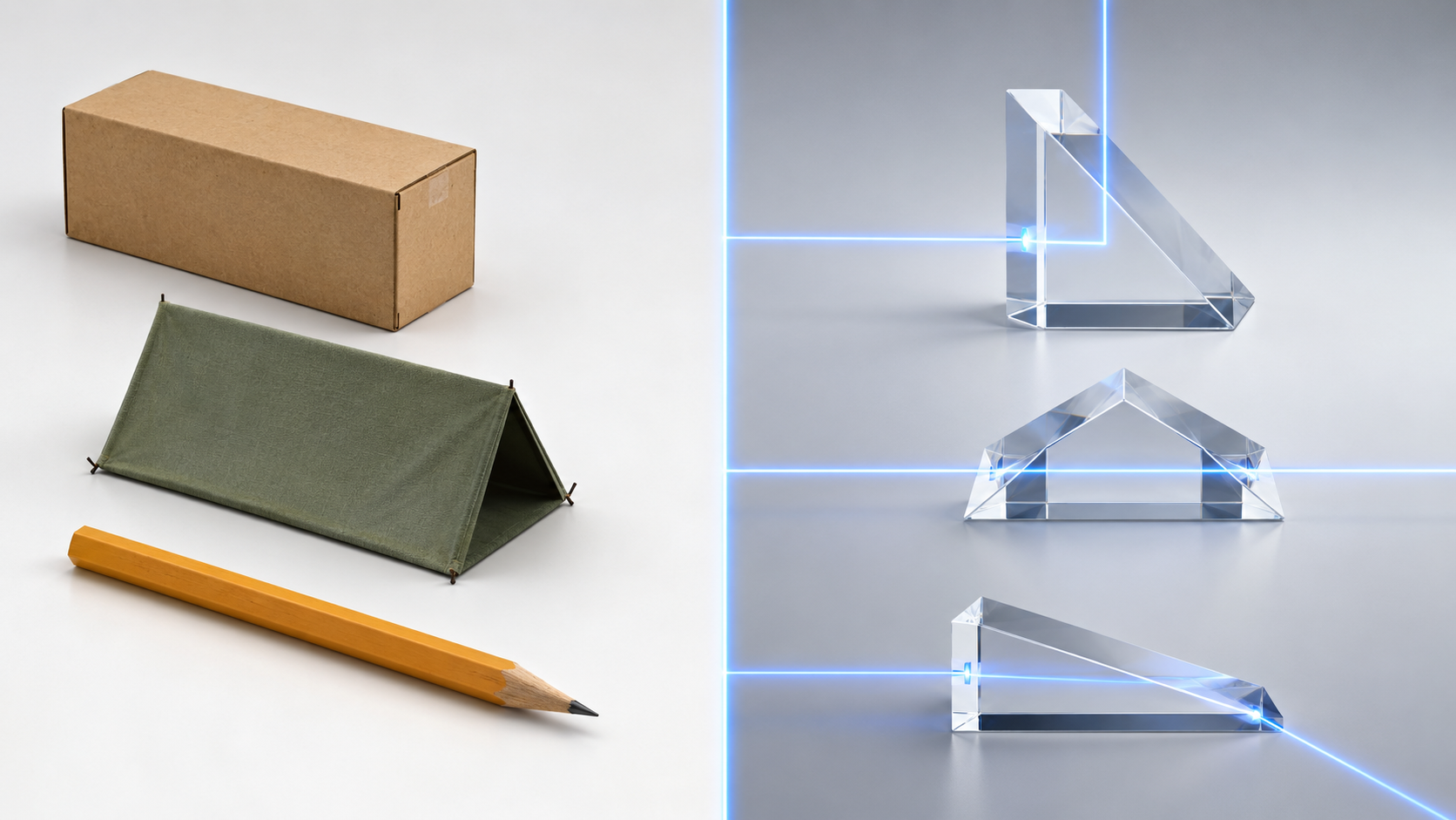 Everyday geometric prisms compared with precision optical prisms and blue light paths