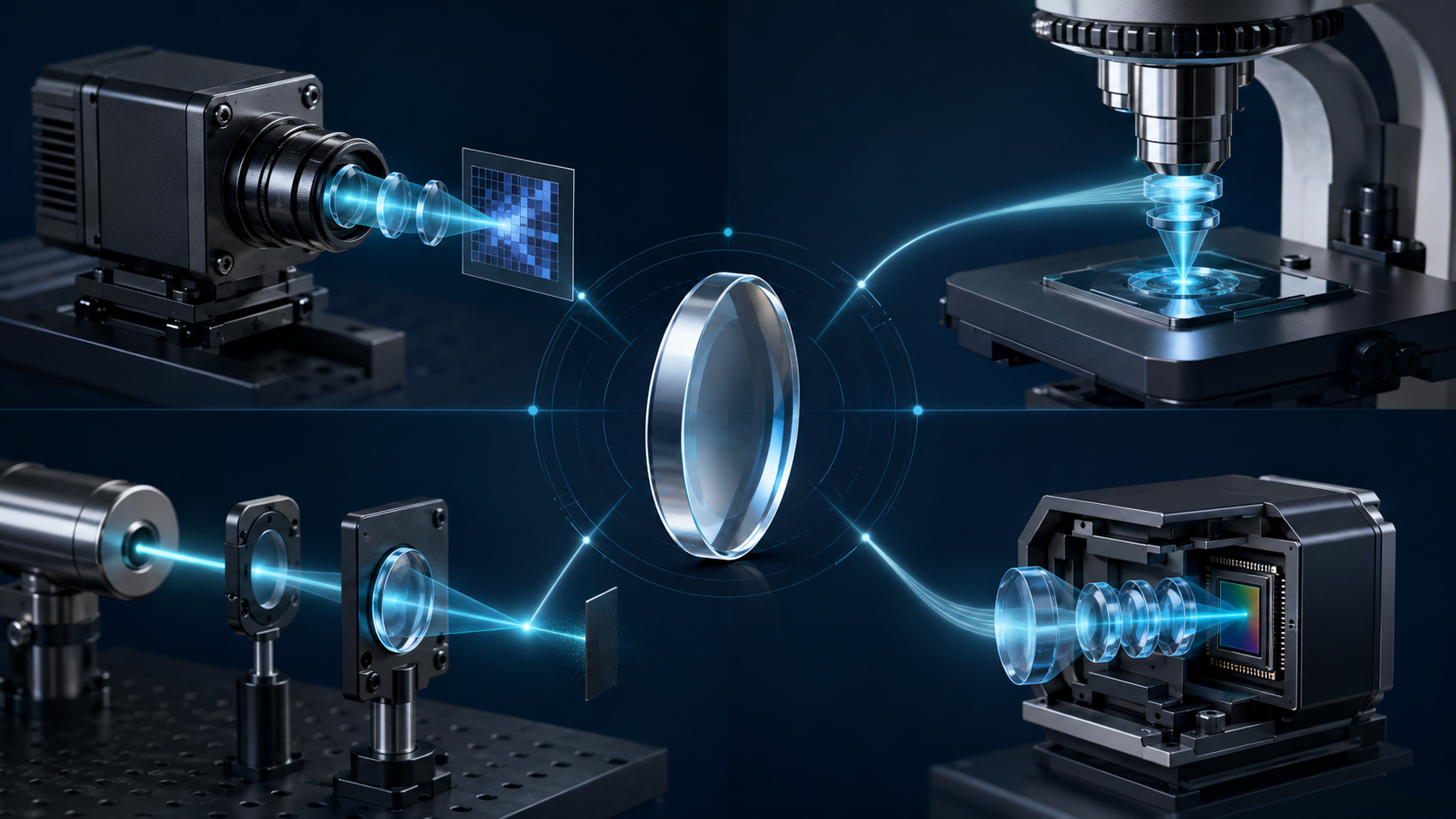 Illustration of convex lens applications in machine vision, microscopy, laser focusing, and imaging systems. Illustrazione delle applicazioni di lenti convesse nei sistemi di visione artificiale, microscopia, messa a fuoco laser e imaging.