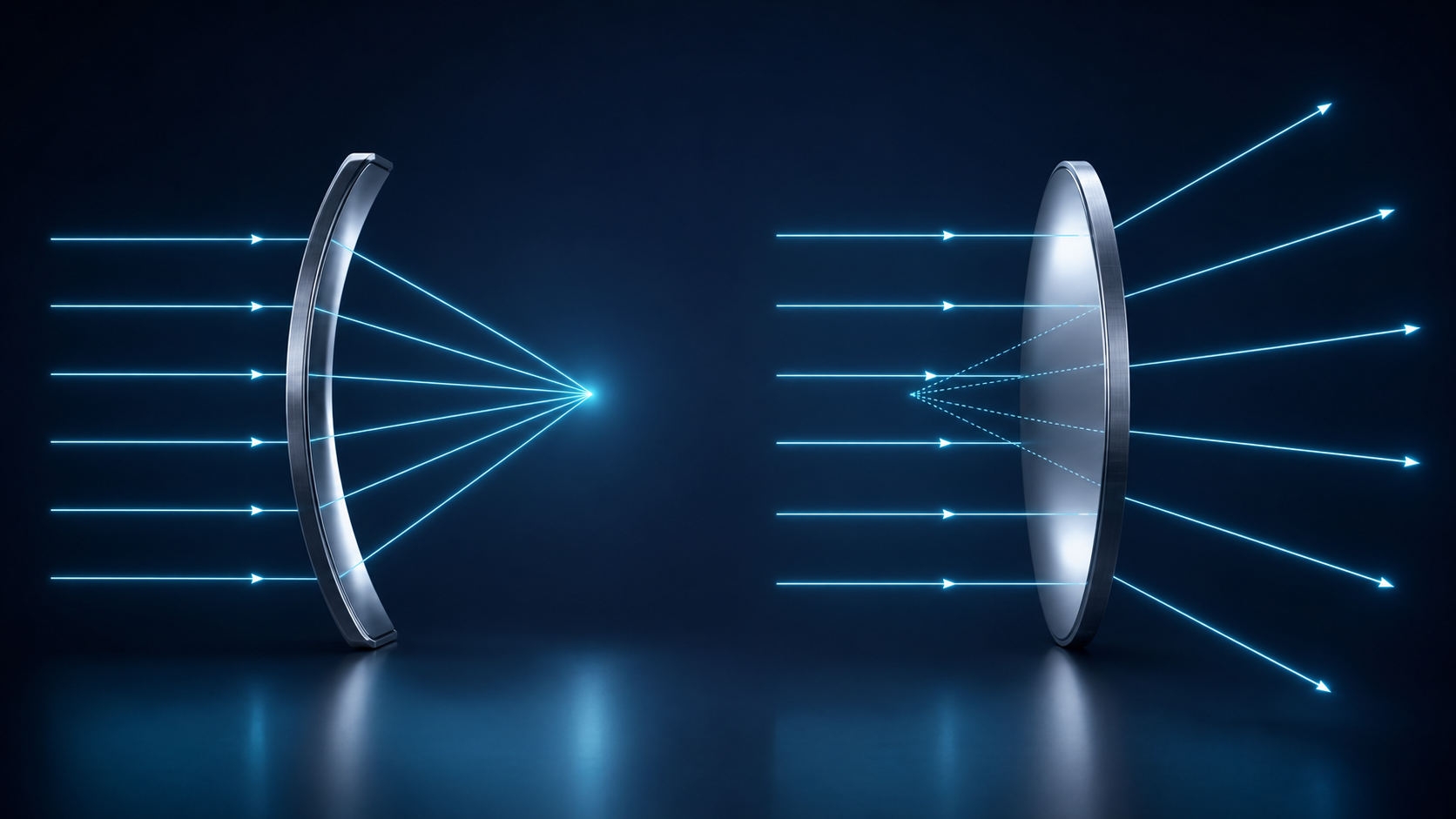 Confronto tra forme concave e convesse delle superfici degli specchi e comportamento della luce riflessa.