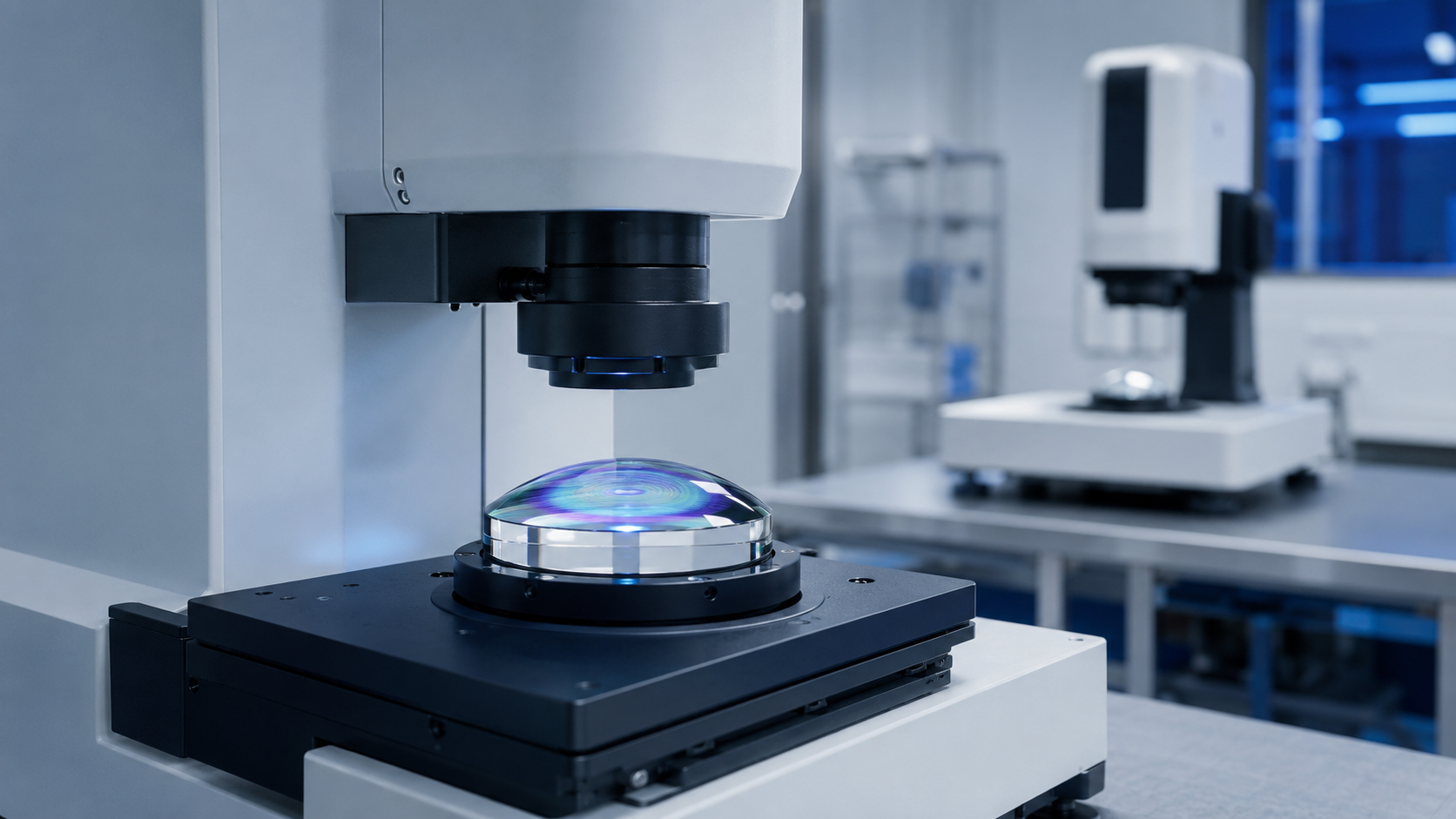 Sistema di metrologia ottica che ispeziona una lente asferica di precisione in un laboratorio di controllo qualità.