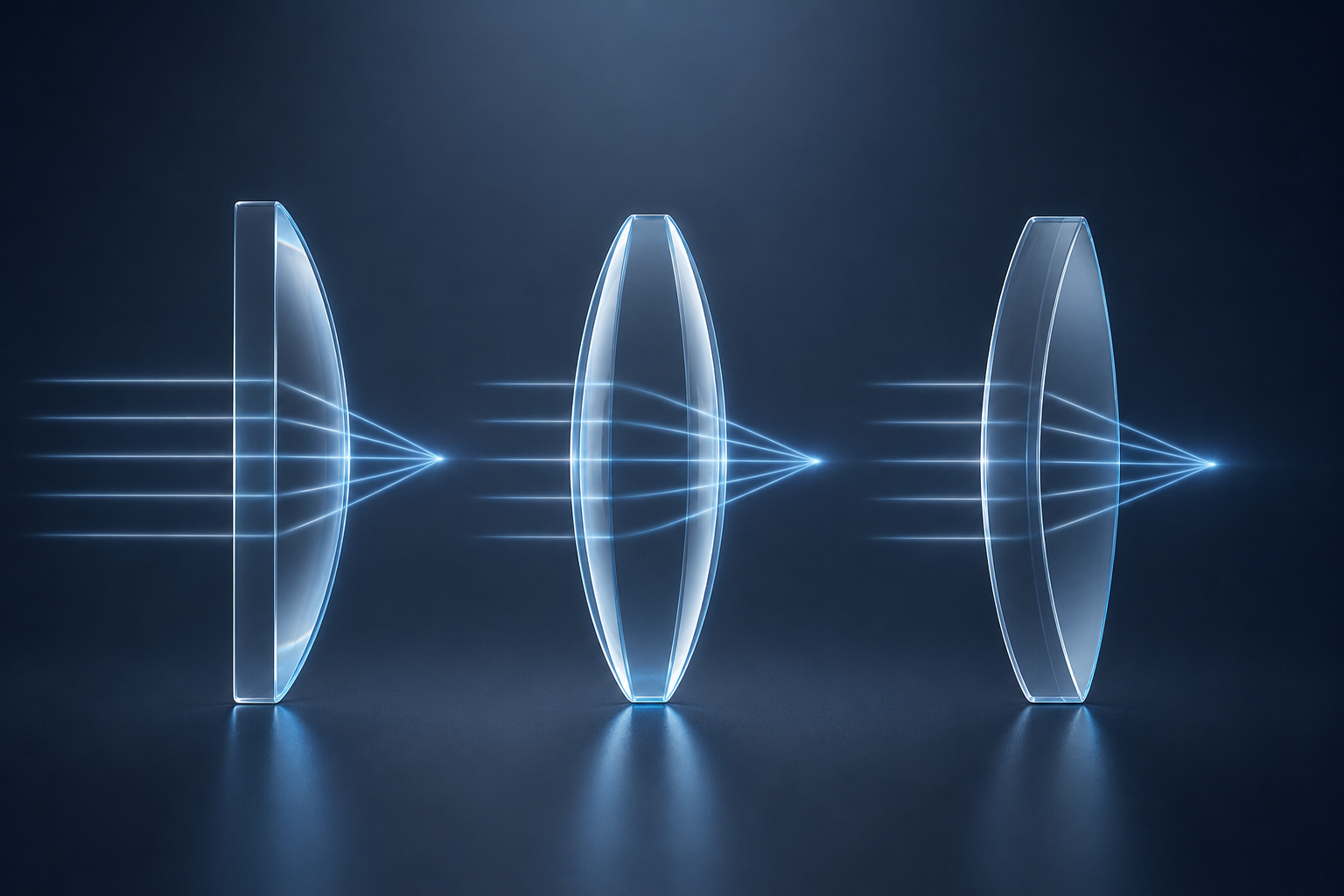 Confronto tra forme di lenti a menisco piano-convesse, bi-convesse e positive con percorsi luminosi convergenti.