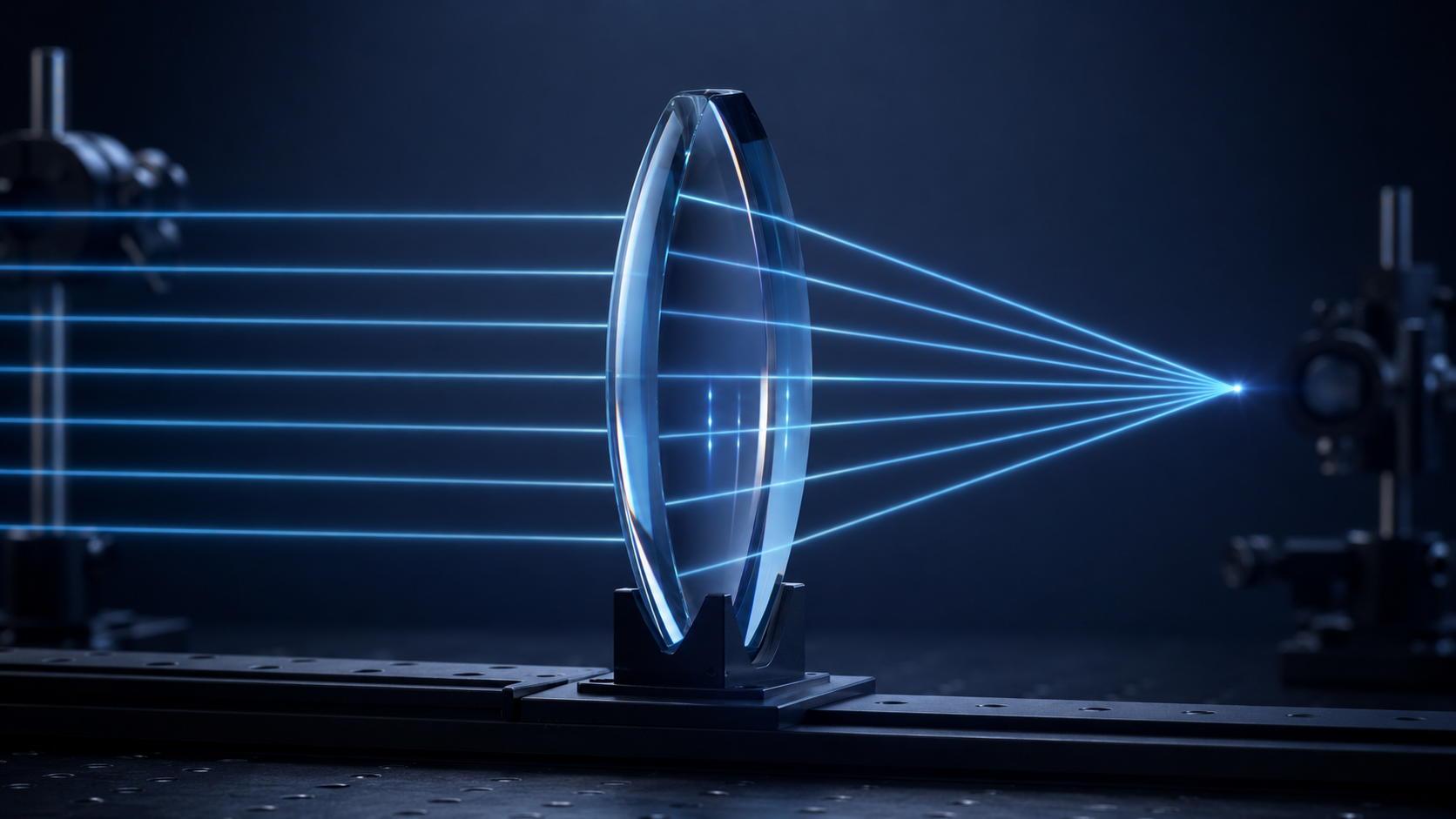 Illustrazione di raggi luminosi paralleli che passano attraverso una lente convessa e convergono in un punto focale.