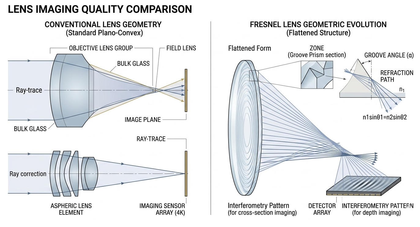medical aspheric lens assembly diagram vs fresnel lens geometry cad schematic drawing with snells law annotation