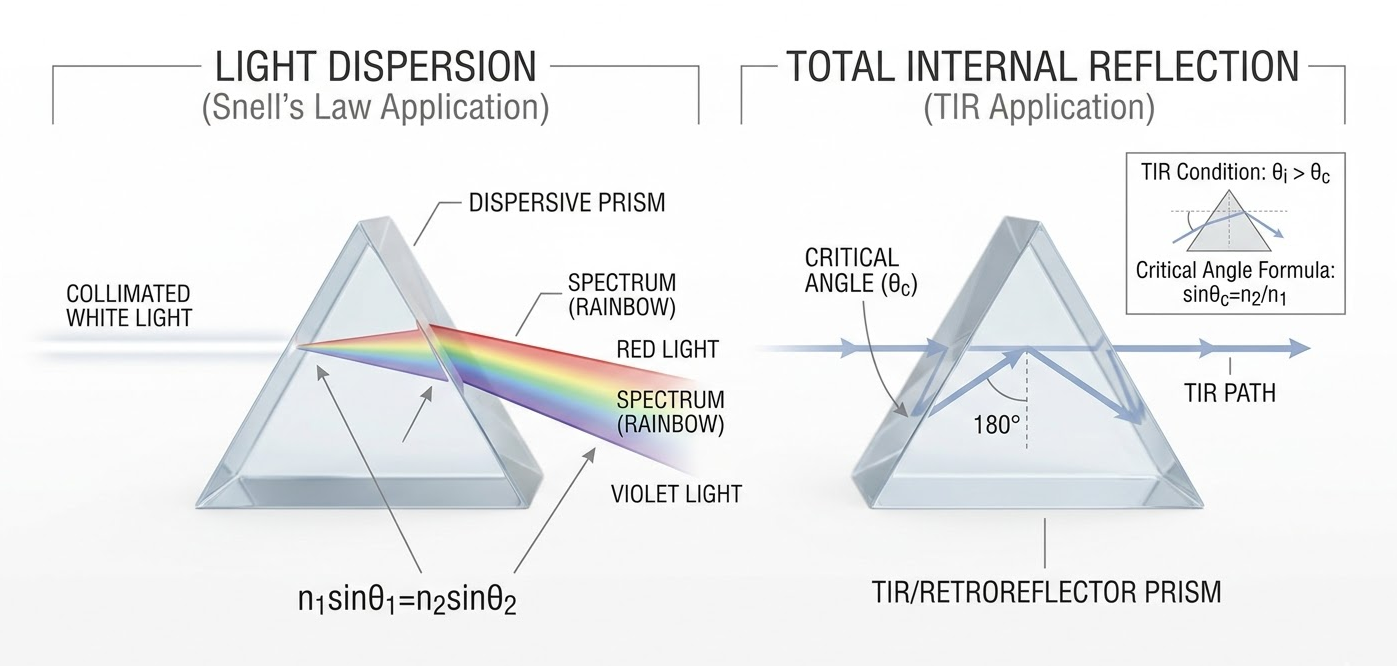 Light dispersion Snell's Law vs total internal reflection TIR formula diagram for geometry education.