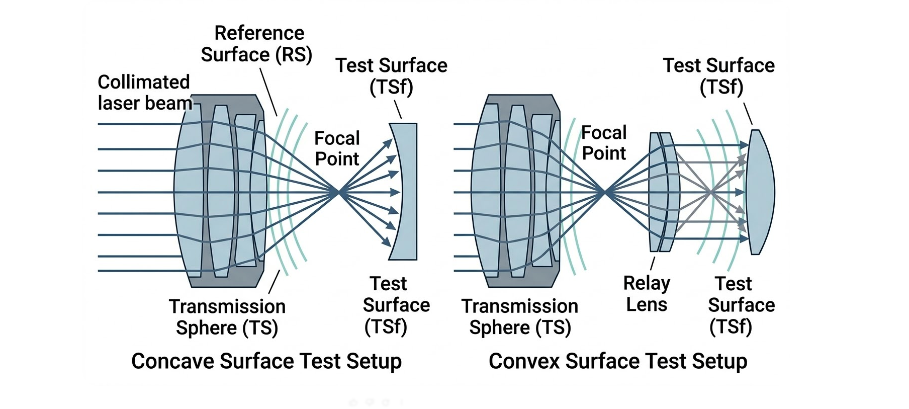 esting Concave and Convex Spherical Optics. (Left) Testing a concave surface requires placing the Transmission Sphere (TS) at the surface's focus, allowing the standard wavefront from the Reference Surface (RS) to expand and return. (Right) Testing a convex surface often utilizes a relay lens to focus the beam through the focus of the test surface. Interferometry requires precise focus and fills factor alignment.