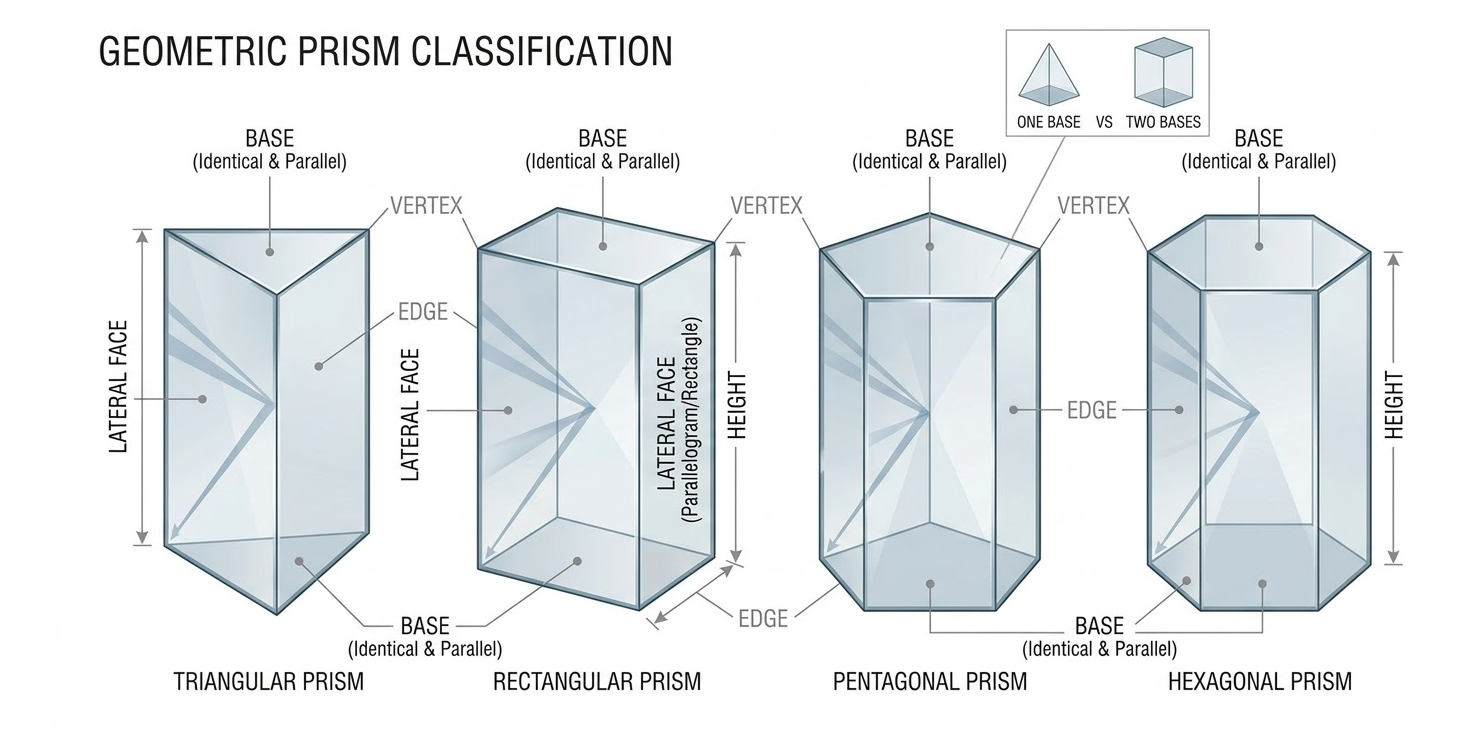 Geometric prism definition diagram showing bases lateral faces faces edges vertices for geometry education.