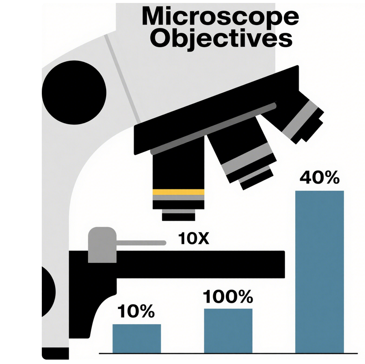 Comparison of 4x, 10x, and 40x microscope objective lenses showing color coding and NA values.png