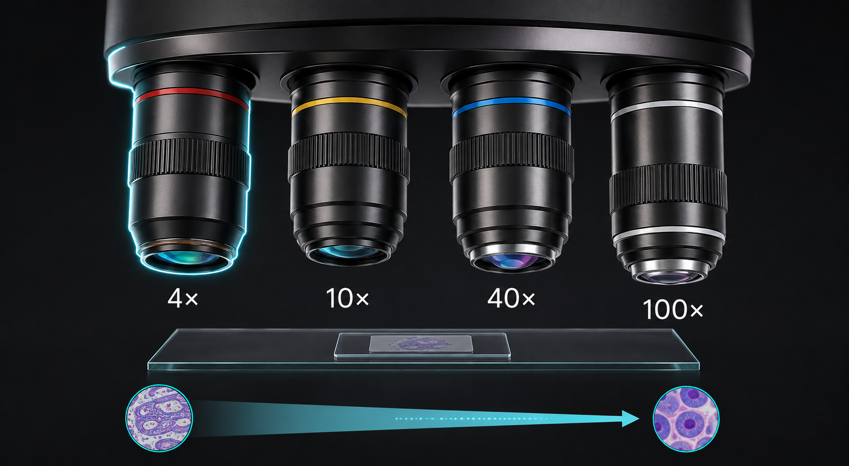 4x scanning objective compared with 10x, 40x, and 100x microscope objectives