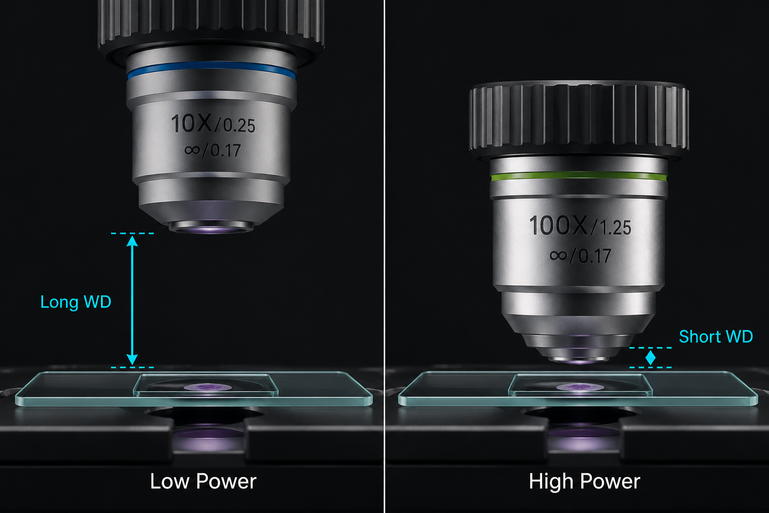 Long working distance low-power objective compared with short working distance high-power objective