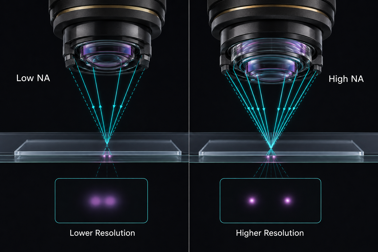Low and high numerical aperture light cones showing their effect on microscope resolution
