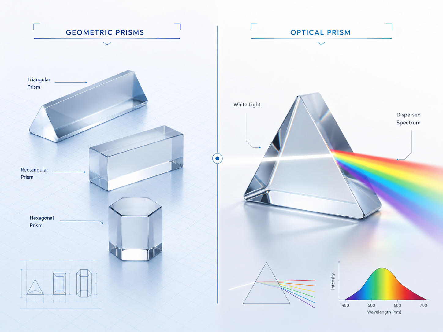 geometric prisms vs optical prism showing light dispersion