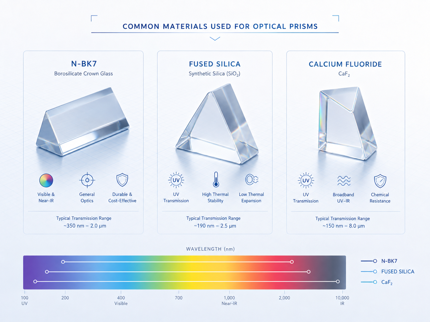 common optical prism materials N-BK7 fused silica and calcium fluoride
