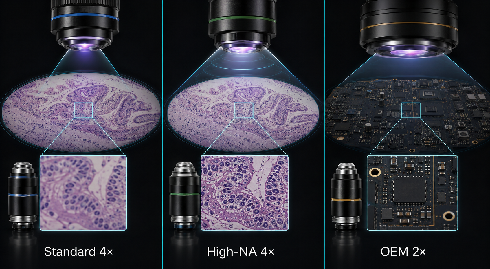 Standard 4x, high-NA 4x, and OEM 2x microscope objective comparison
